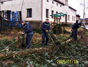 Spadlý strom, který zaterasil cestu z bývalého JZD. Místní hašiči pomáhající při odklízení škod, vpravo Martin Maťátko, uprostřed Ladislav Maťátko.